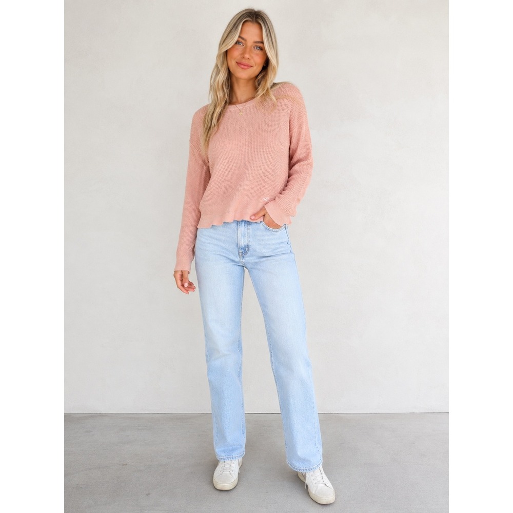 Hollister Waffle Knit Long Sleeve Sweater Pink XS Crew Neck Casual Coastal